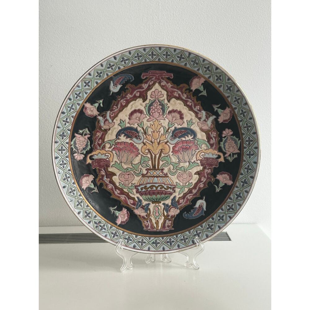 Vtg Oklahoma Import Blue Chinoiserie Asian hand painted decorative plate dish